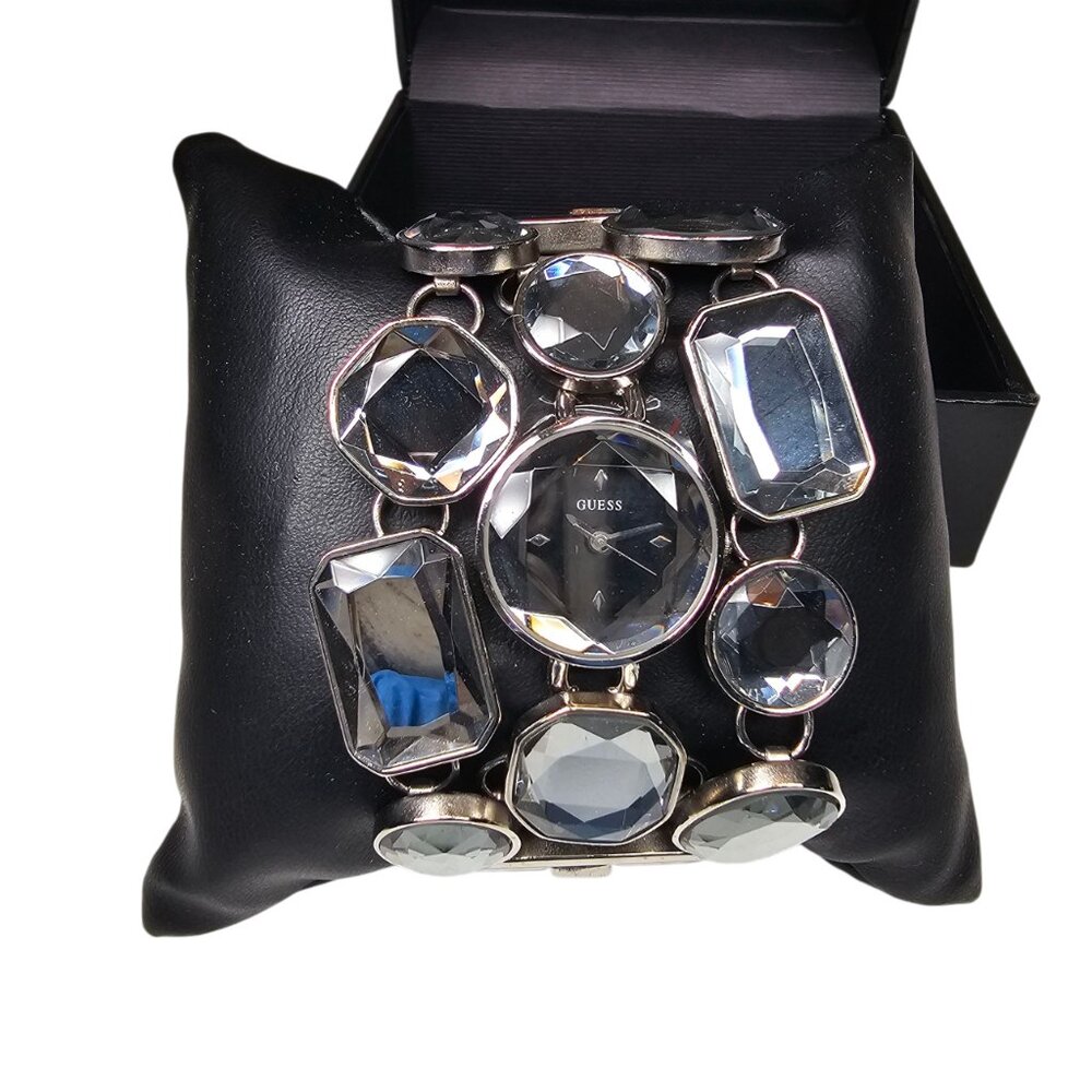 Guess Y2K Glam Statement Bracelet Jeweled Watch Crystal Oversized Silver